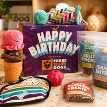 Three Yellow Dogs Birthday Box with a plush toy, training treats, and bully sticks for a dog's birthday