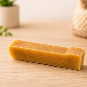 A medium yak cheese chew resting on a wooden surface.