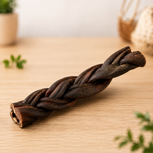 A 6-inch braided collagen chew resting on a wooden surface.