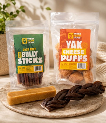 Assortment of Three Yellow Dogs chews: Odor-Free Mini Bully Sticks, Yak Cheese Puffs, Nepalese Yak Cheese Chew, and 6 inch Braided Collagen Chew.