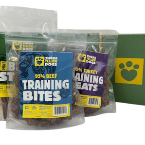 Bags of Three Yellow Dogs 95% Beef Training Bites and 95% Turkey Training Treats